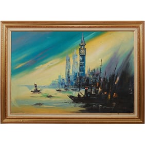 Signed Dumont, Oil on Board Painting, London Landscape with Big Ben Clock Tower, Framed