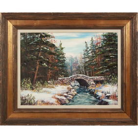 Charles I Dreisbach, Oil on Board Painting, Winter Buck Hill Falls, Pocono Mtns in Penn., Signed