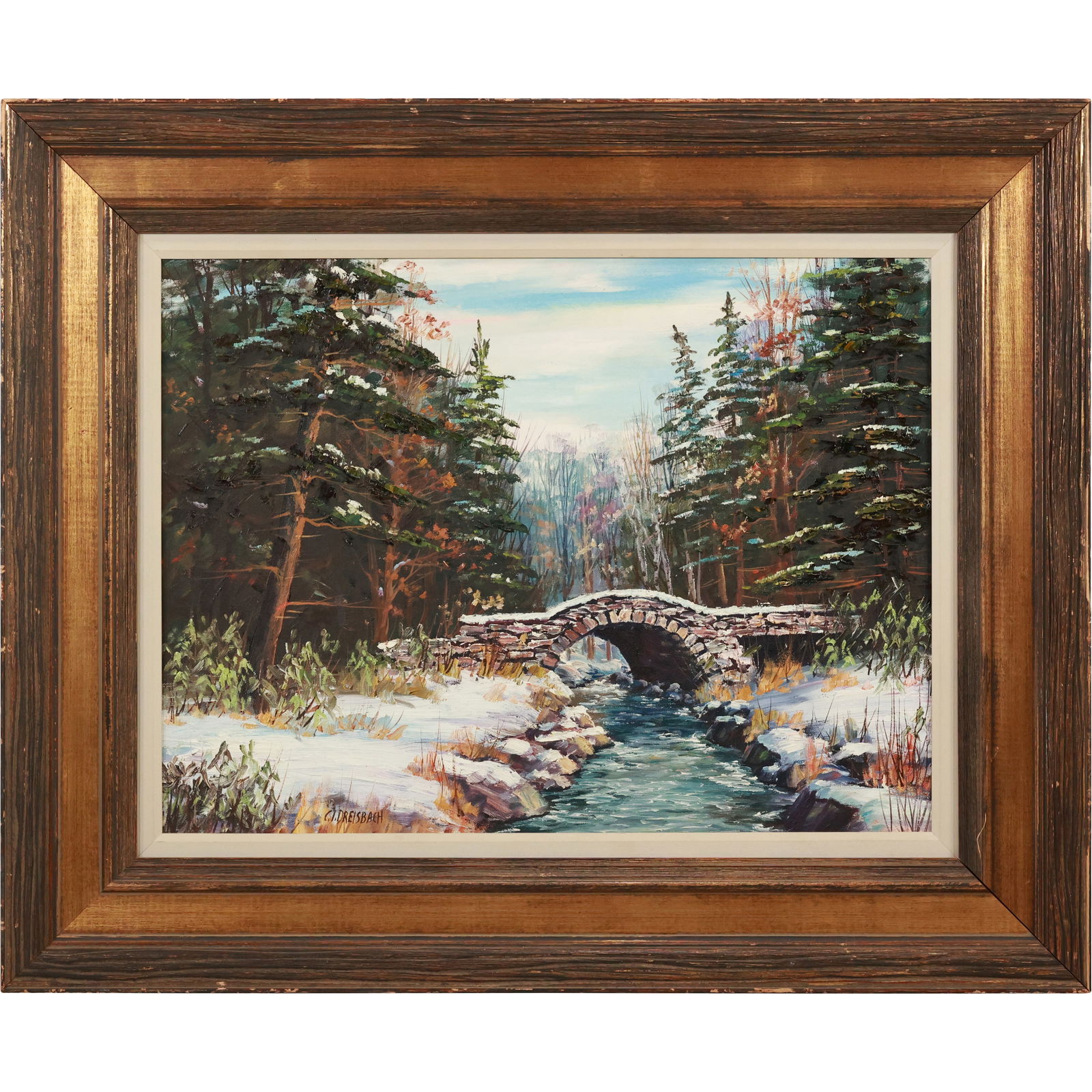 Charles I Dreisbach, Oil on Board Painting, Winter Buck Hill Falls, Pocono Mtns in Penn., Signed (1 of 20)