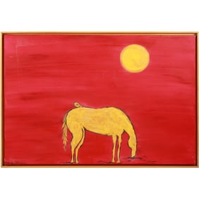 Artist Signed Illegible, Minimalist Oil aPinting, Golden Horse, Red Background, Yellow Sun