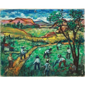 Dickson [Label on Verso] Vintage Oil on Canvas Painting Migrants Working in a Field