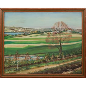 Vintage Oil on Board Painting pastoral scene with fields, a body of water, and a prominent tree
