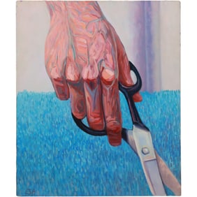 Signed ESA, Oil on Canvas Painting, Hand Holding Scissors over a textured Blue Background