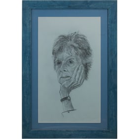 Graphite Pencil Drawing Portrait of a Woman Resting Head on Her Hand, Framed