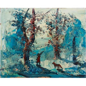 Morris Katz 1999, Jewish American, Acrylic Painting, Figure and Animal in the Catskills