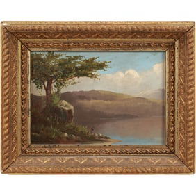 Albert Bierstadt, Signed Initials "A B", 19th C. Oil on Board Painting, Landscape, Mountains, Tree