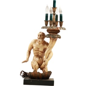 Unique Renaissance Revival Carved Wood Mythological Man Statue Lamp 29 in. height x 13 in. wide