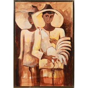 Artist Signed Oil on Canvas Painting Two Women, One Holdiing a White Rooster, Framed