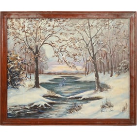 Signed Norma Jean,. Vintage Oil on Canvas Painting Winter Landscape with Stream, Framed