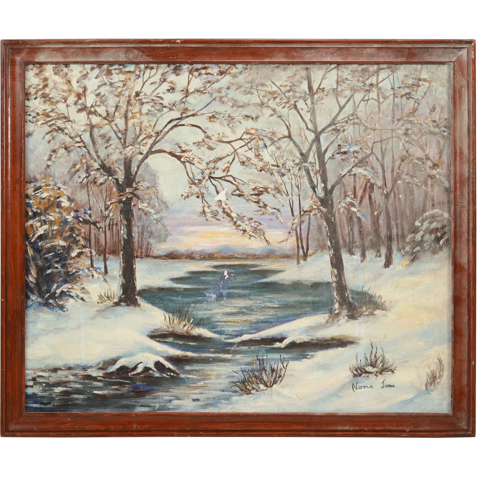 Signed Norma Jean,. Vintage Oil on Canvas Painting Winter Landscape with Stream, Framed (1 of 14)