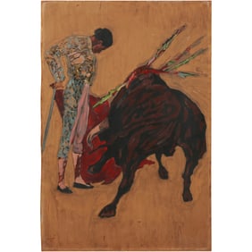Vintage Oil Painting on Board Matador and Bull 30 inches x 20 inches