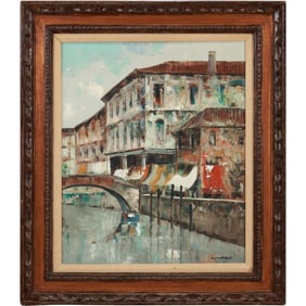 Alfredo Candela, Vintage Oil on Canvas Painting Venetan Scene, Framed, Biography on Verso