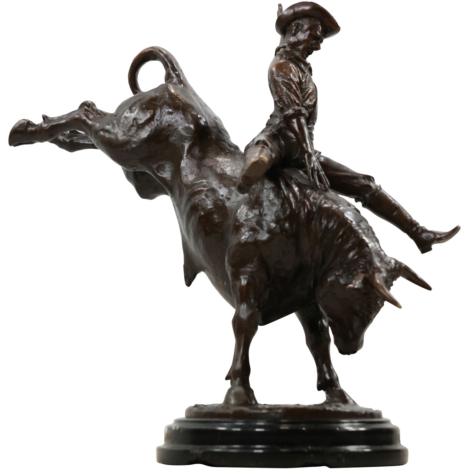 Bull Rider Bronze Scupture Mounted on a Marble Base 17.5 inches height x 17 in. wide, Good Paitina: Bull Rider Bronze Scupture Mounted on a Marble Base 17.5 inches height x 17 in. wide, Good Paitina. A few spots of roughness on the marble See Pictures. size: 17.5 h 17 w S:A