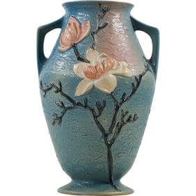 Large Vintage Roseville Art Pottery Magnolia Blue Handled Vase 14.5 inches height x 9.5 in.
