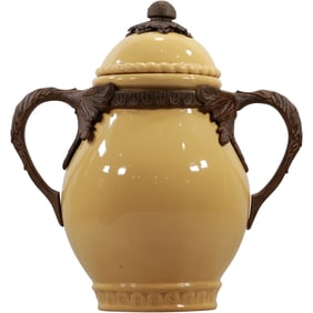 Large French Ceramic Covered Urn with Metal Mounts Handles and Finial, 24 in. height x 21 in. wide
