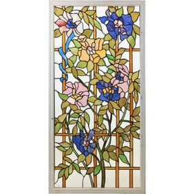 20th C. Stain Glass Framed Window, Colorful Flowers and Leaves 40.5 in. x 20.5 in.