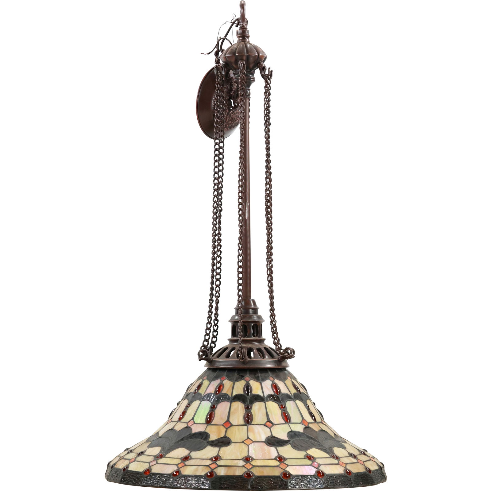 20th C. Tiffany Style Leaded Stain Glass Hanging Dome Chandelier with Mounting Hardware: 20th C. Tiffany Style Leaded Stain Glass Hanging Dome Chandelier with Mounting Hardware. size: 40 inches height , 23 in. wide