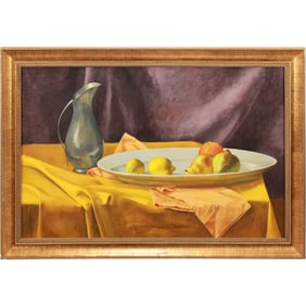 ROBERT ANGELOCH 1922-2011, Oil on Canvas Painting Table Top Still Life, Bowl of Fruit, Pitcher