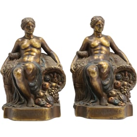 Bronze Clad Bookends ABUNDANCE Roman Goddess Signed M Rotellini, Original Patina