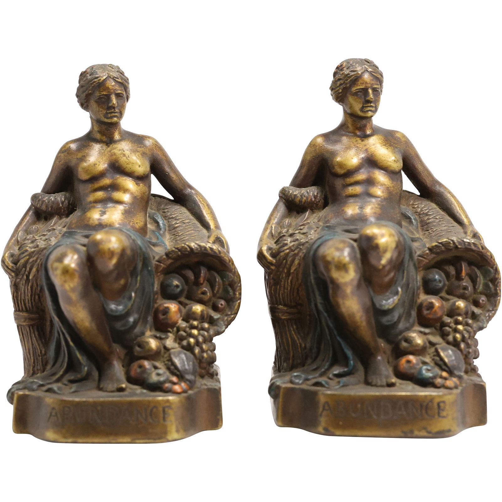 Bronze Clad Bookends ABUNDANCE Roman Goddess Signed M Rotellini, Original Patina (1 of 16)