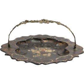 Victorian 19th C. Black Lacquer Serving Tray with Ornate Silver Plate Handle, Hand Painted Flowers