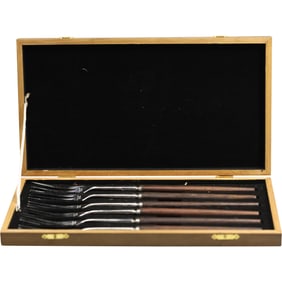 Danish Modern Style Set 6 3-Prong Long Forks with Wood Handles in Wood Presentation Box