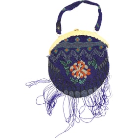 Circa 1920s Art Deco Blue Beaded Purse with Flowers and Decoration