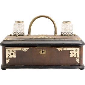 19th Century Walnut & Ebonized Ink Stand Desk Tidy, Double Ink Wells, Multi Drawers Interior