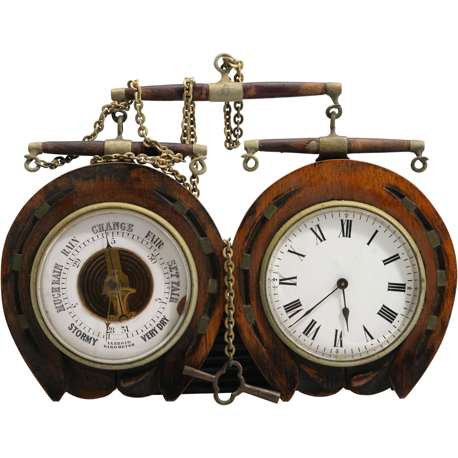 9th-century French brass Equestrian-themed combination desk timepiece and barometer. (1 of 20)