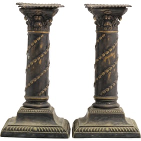 Pair 19th C. Edwardian Column Metal Candlesticks 6.5 in. height x 3.25 in. wide at base