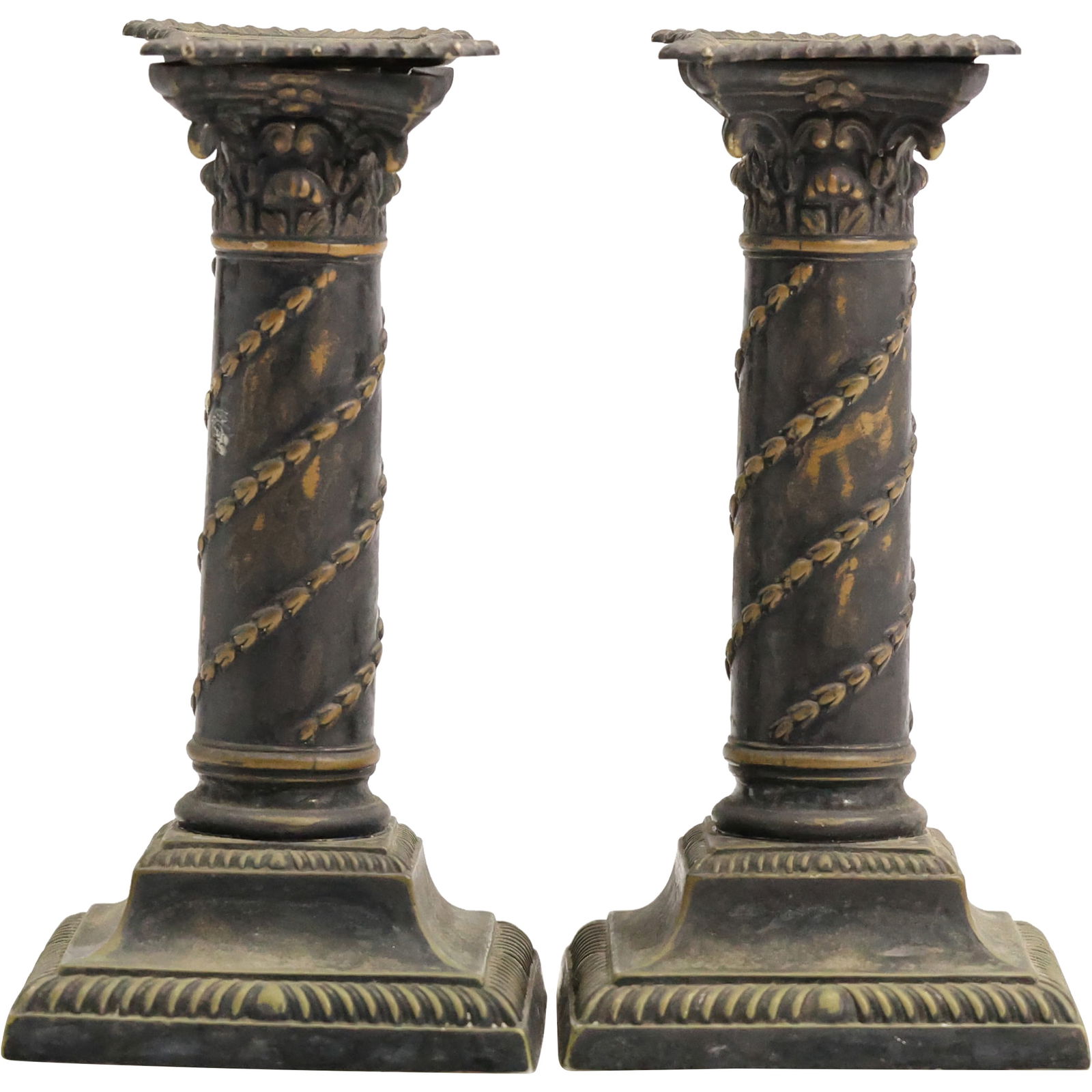 Pair 19th C. Edwardian Column Metal Candlesticks 6.5 in. height x 3.25 in. wide at base (1 of 12)
