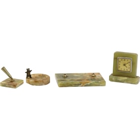 Vintage 4-Piece Green Onyx Desk Accessories Including a Desk Clock