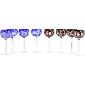 Set 8 Bohemian Cut Glass Wine Glasses: 4 Blue, 4 Red; Grapes & Leaves
