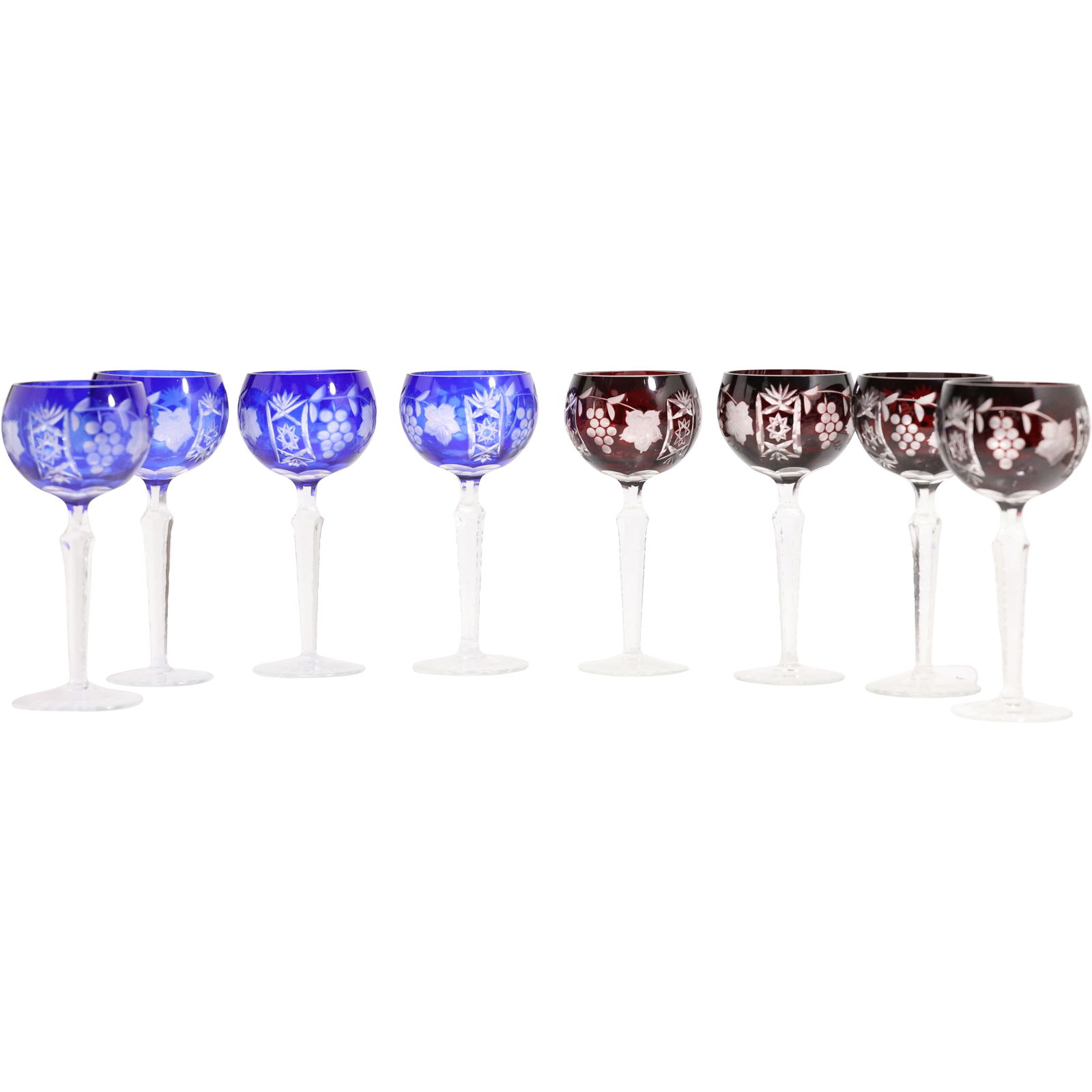 Set 8 Bohemian Cut Glass Wine Glasses: 4 Blue, 4 Red; Grapes & Leaves: Set 8 Bohemian Cut Glass Wine Glasses: 4 Blue, 4 Red; Grapes & Leaves. size: 8.5h 3.5w S:D