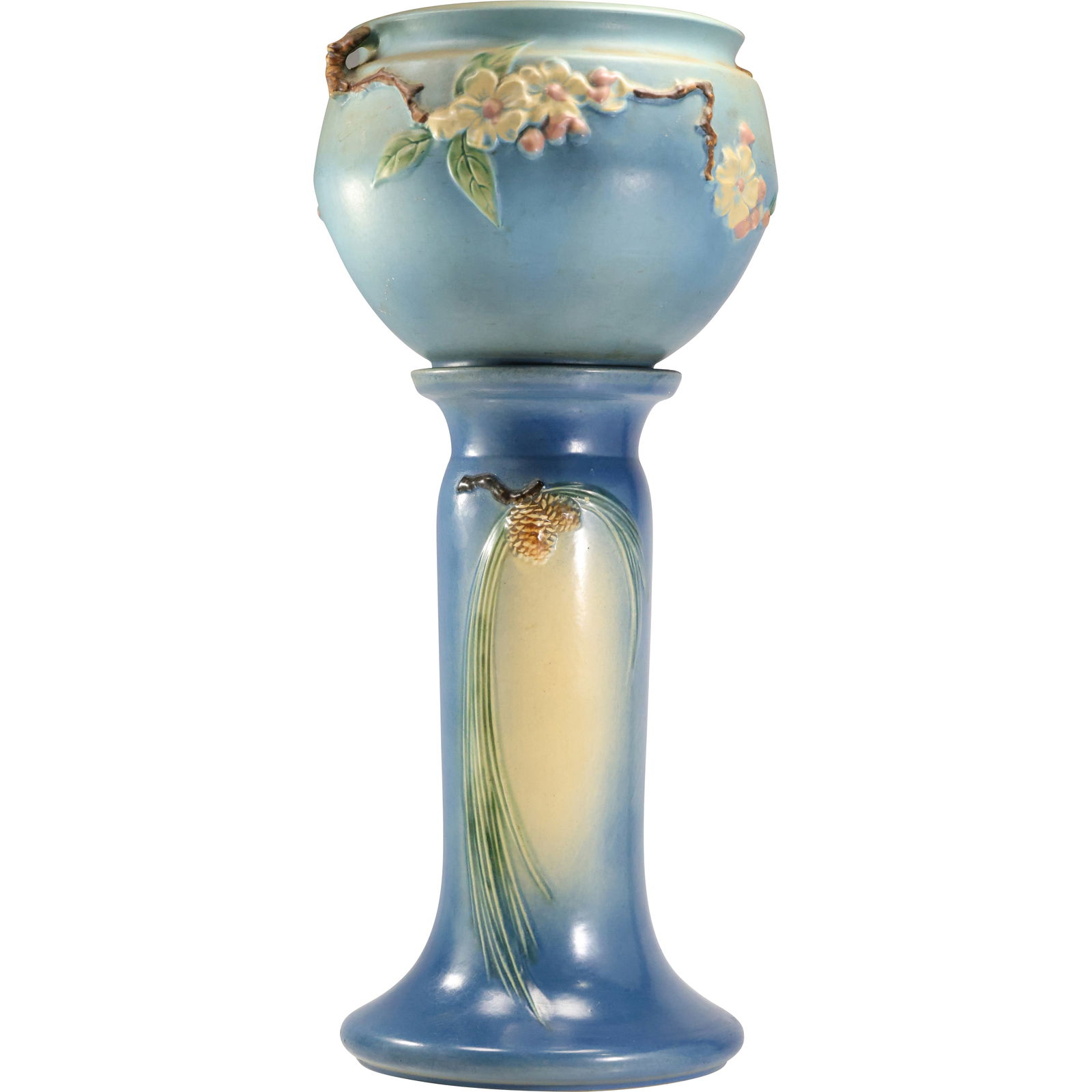 Roseville Pottery “Apple Blossom” Blue Jardinere on a Roseville Pottery "Pine Cone" Blue (1 of 20)