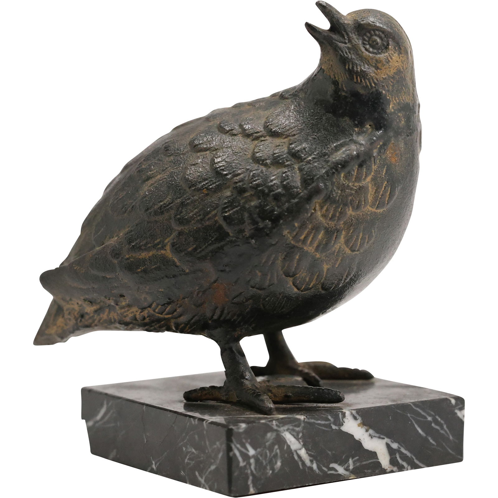 19th C. Bronze Sculpture of a Partridge Bird Mounted on a Marble Base 6 in. height: 19th C. Bronze Sculpture of a Partridge Bird Mounted on a Marble Base 6 in. height. size: 6h 3.5w S:D