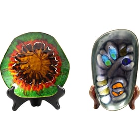 2 Mid-Centutry Modern Abstract Enamel Art on Copper Bowls, One Artist Signed, 8 in. dia.