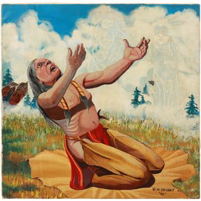 Myron W Bryant, Oil on Canvas Painting, Native American Indian Praying to The Gods, Signed
