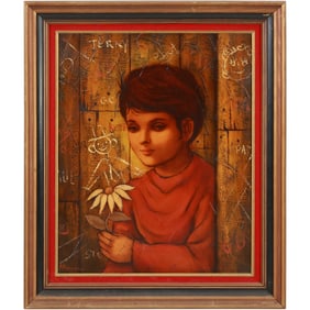 Adele Norman, Oil on Canvas Portrait of a Young Boy Holding a Sunflower, Framed