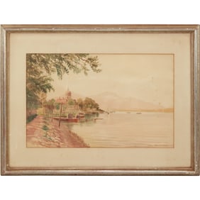 Lothar Korvin 1943, Watercolor Painting European Port Scene, Framed