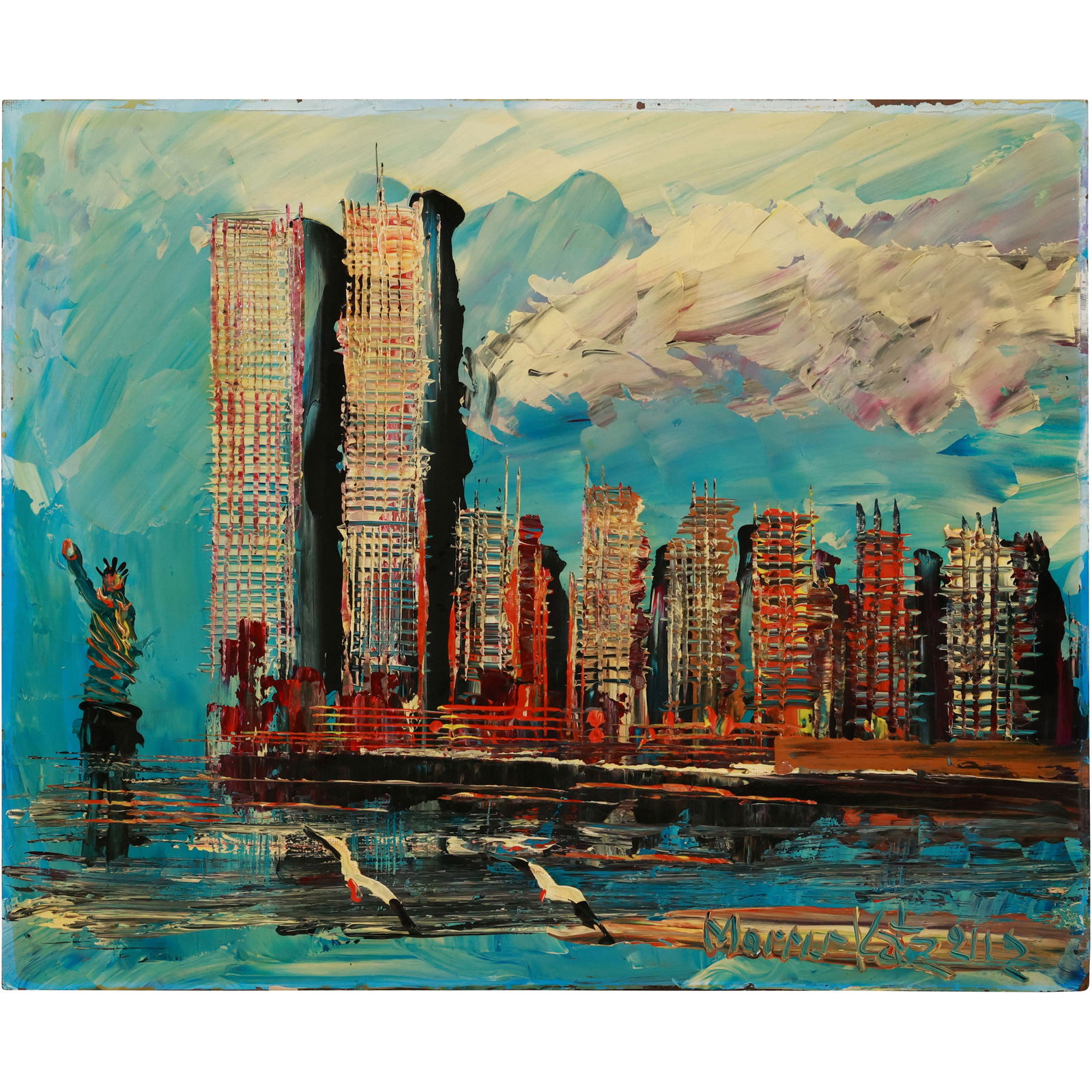 Morris Katz 2012, Jewish American, Acrylic Painting, NEW YORK SKYLINE With STATUE OF LIBERTY: Morris Katz 2012, Jewish American, Acrylic Painting, NEW YORK SKYLINE With STATUE OF LIBERTY. Well Listed Artist. size: 20 x 25 ASKart: Morris Katz (born Moshe Katz on March 5, 1932 in Galicia, Poland