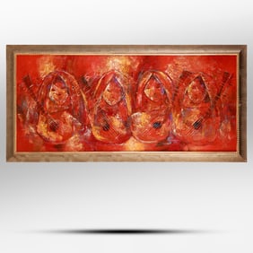 Large Oil on Canvas Painting 4 Musicians Playing Mandolins - Lutes, Artist Signed and Dated
