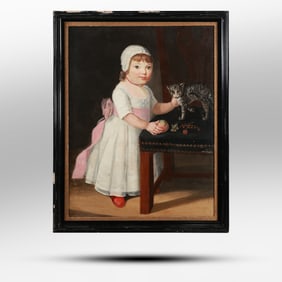 Spectacular 19th C. Folk Art Oil on Canvas Painting of a Young Girl Child with a Cat, Framed