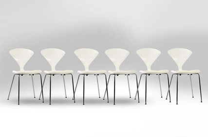 Set of 6 NORMAN CHERNER White Stacking Side Chairs, Original Label on Underside