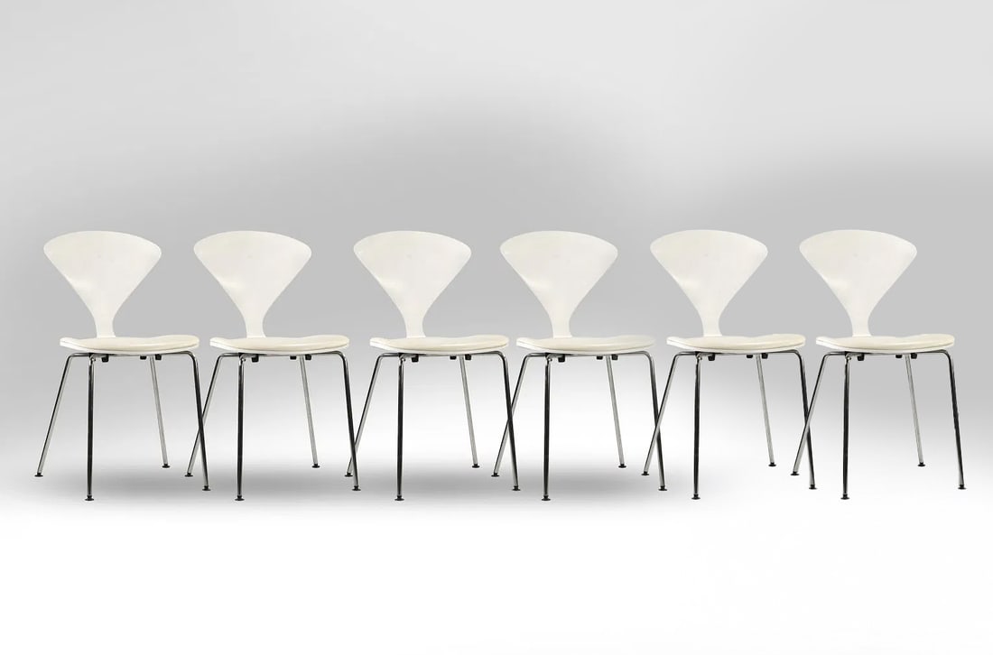 Set of 6 NORMAN CHERNER White Stacking Side Chairs, Original Label on Underside (1 of 11)