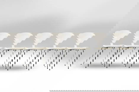 Set of 6 NORMAN CHERNER White Stacking Side Chairs, Original Label on Underside: Set of 6 NORMAN CHERNER White Stacking Side Chairs, Original Label on Underside. size: 32.5 h 17 w ; cherner metal leg stacking side chairDesign Norman Cherner, 1958Laminated molded plywood, chrome ba