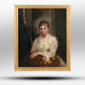 Circa 1830 Superb Oil on Canvas Painting Portrait of a Lovely Woman Wearing Lace Blouse, Daiseys