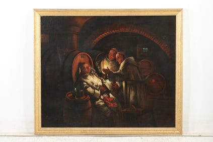 ANTIQUE OIL PAINTING ON CANVAS 3 MONKS IN WINE CELLAR 1 DRUNK ASLEEP, Signed Illegible