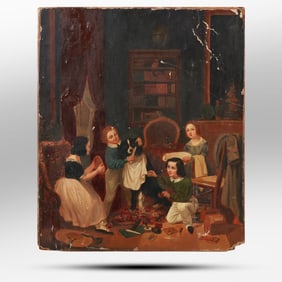 Circa 1840 Important Oil on Canvas Painting Laid on Board Family Figures Grooming a Dog