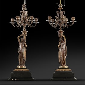 Pair 19th C. Bronze Classical Woman Figural Candelabras Table Lamps 34 in. height, Good Paitina